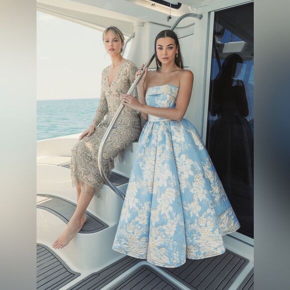 MAC DUGGAL 20726 Blue Strapless Brocade Midi Dress with Pockets - Picture 3 of 16